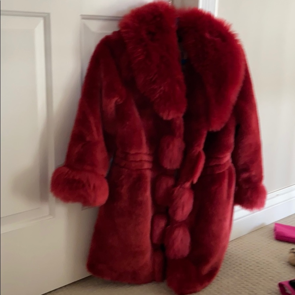 Red faux fur jacket, medium with accent at waist